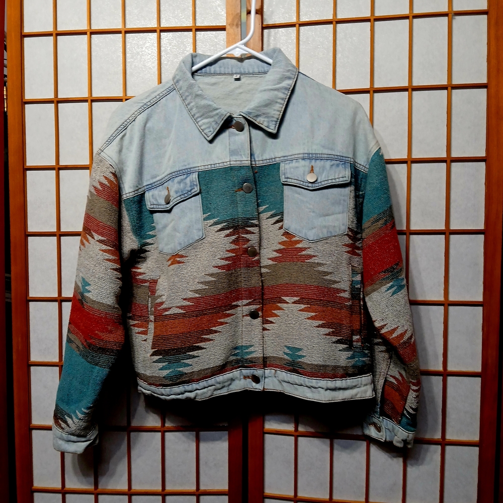 Source Unknown Multicolor Patterned Denim Jacket - image 1